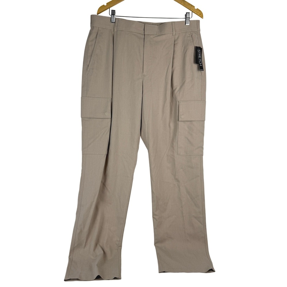 Alfani Mens Cargo Pants Beige‎ Heathe Stretch Pleated Straight Leg 36W 32L NEW
